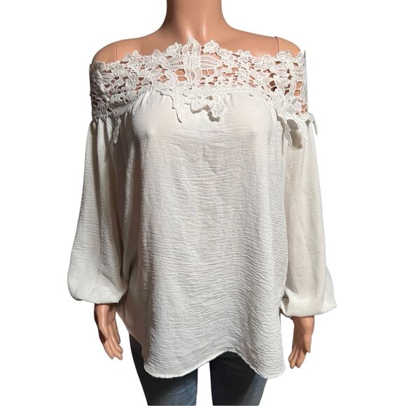 Shein embroidery sleeve white off the shoulder blouse L - Picture 2 of 7